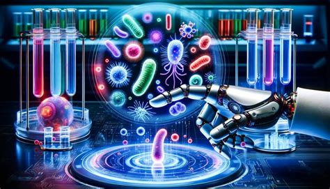 Premium Photo | Cyborg hand on screen creating and analyzing nano virus ...