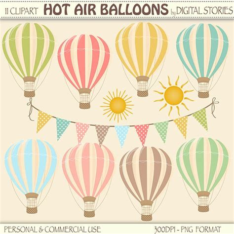 Hot Air Balloons Clipart Digital Hot AIR Balloons With Bunting Banner Sun Clipart For