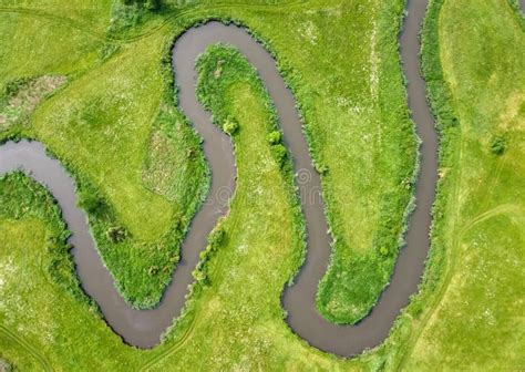 Aerial View Landscape of Winding River in Green Field Stock Photo ...