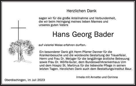 Traueranzeigen Von Hans Georg Bader S Dwest Presse Trauer