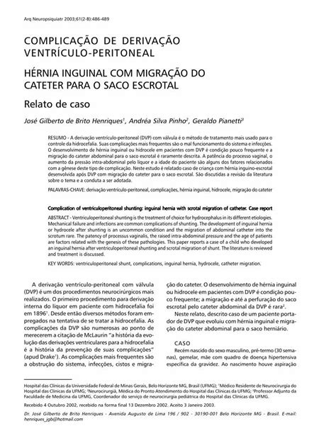 PDF COMPLICAˆO DE DERIVAˆO VENTRCULO PERITONEAL Neste estudo