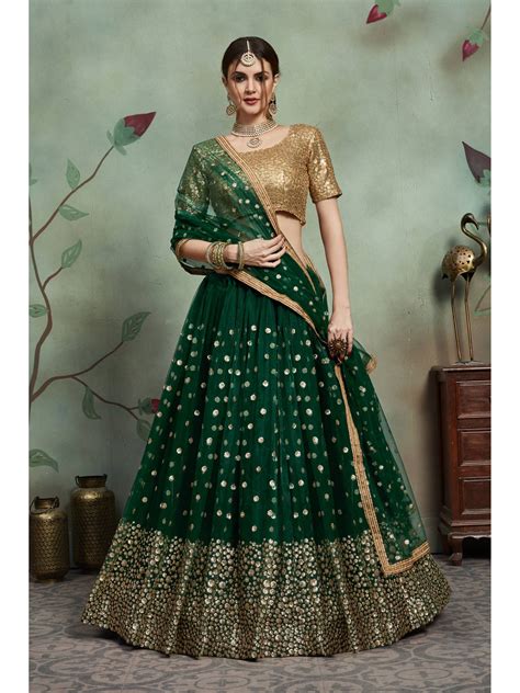 Buy Dark Green Sequins Work Net Party Wear Lehenga Choli With Dupatta