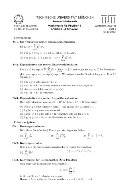 Blatt 05 Fuer Physik TECHNISCHE UNIVERSIT AT M UNCHEN Zentrum