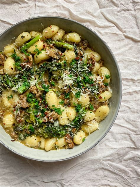 Lemon Butter Gnocchi With Spicy Sausage Broccoli Rabe And Mushrooms