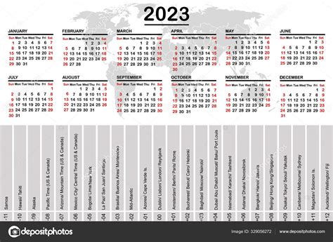 2023 calendar with world map and time zones Stock Vector Image by ...