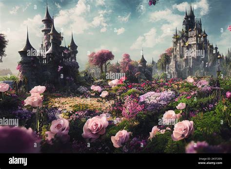 Fantasy Garden Castle With Many Flowers Roses And Clouds Illustration