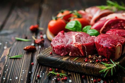 Selection Of Assorted Fresh Cuts Of Raw Meat With Tomatoes Oranges