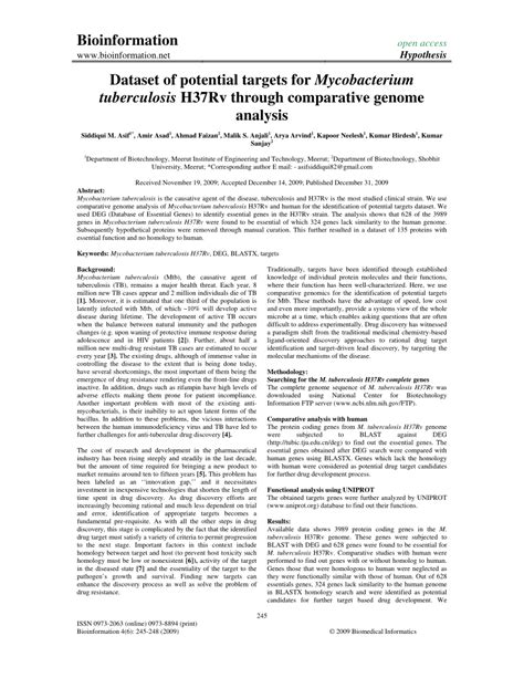 Pdf Dataset Of Potential Targets For Mycobacterium Tuberculosis H37rv