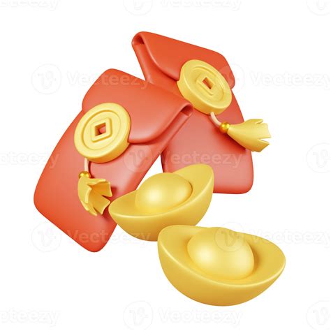 Angpao Aka Cny Red Envelopes And Gold Ingots Isolated Chinese New Year Elements Icon 3d