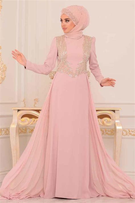 Rose Poudr Tesett Rl Abiye Elbise Robe De Soir E Hijab Pd