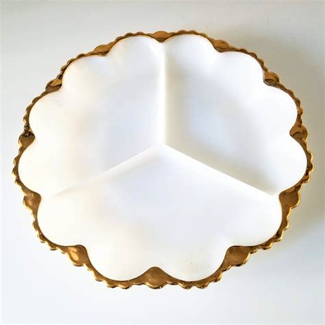 Gold Rimmed Milk Glass Plate Vintage White Milk Glass Divided Plate Vintage Farmhouse Decor