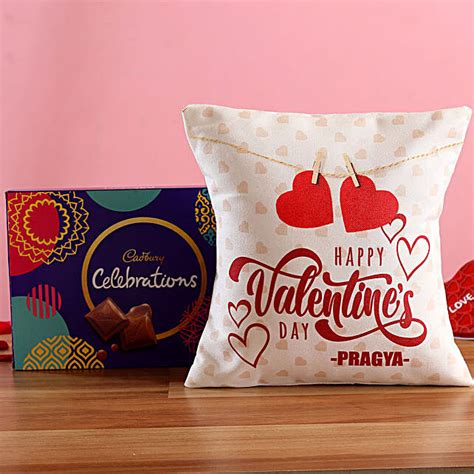 Buy Send V Day Personalised White Cushion And Cadbury Celebrations Box