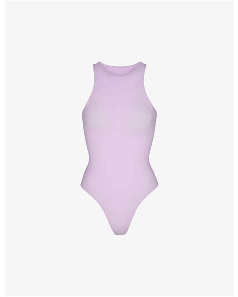 Skims Fits Everybody High Neck Stretch Woven Bodysuit In Purple Lyst