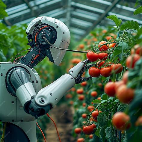 Premium AI Image | Photo Future farming Robot arm harvests vegetables