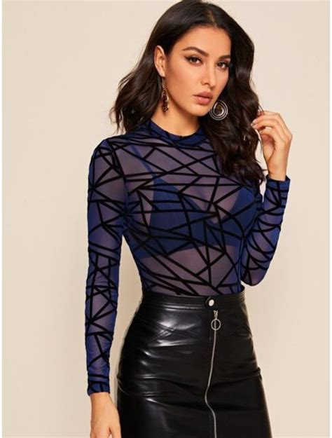 Buy Shein Mock Neck Sheer Geo Mesh Bodysuit Without Lingerie Online