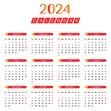 Calendrier Annuel 2024 Avec Forme Unique Rouge Et Jaune Vecteur Png