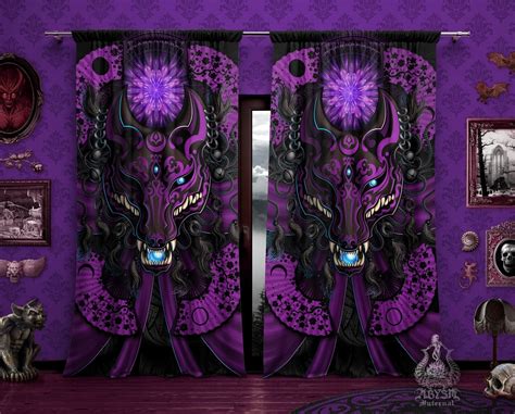 Purple Kitsune Curtains 50x84 Printed Window Panels Whimsigoth Kitsune Mask Anime Room Decor