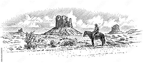 Cowboy In American Desert Landscape Western Landscape Engraved Line