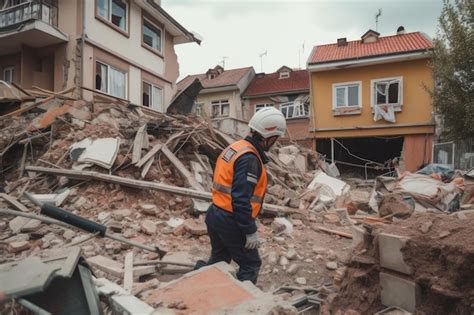 Premium AI Image A Man Standing In Front Of A Pile Of Rubble