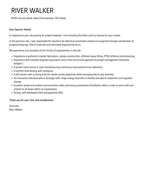 Project Engineer Cover Letter Velvet Jobs