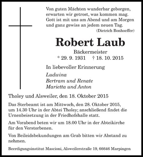 Traueranzeigen Von Robert Laub Saarbruecker Zeitung Trauer De