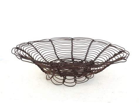 Rustic Wire Basket Round Shallow Pedestal Fruit Chicken Egg Etsy