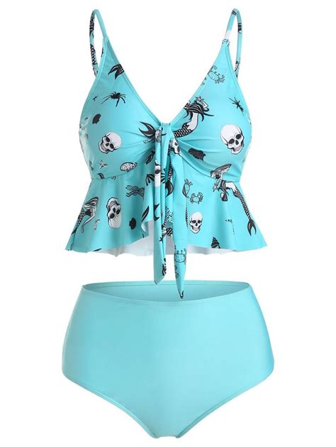 Skull Mermaid Print Bowknot Skirted Tankini Swimwear High Waisted