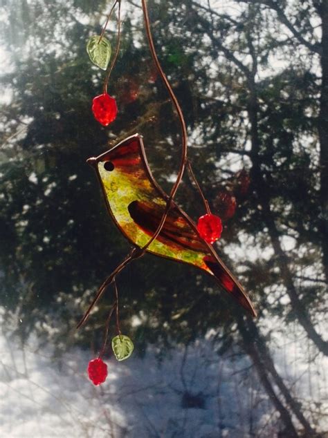 Female Cardinal Stained Glass Suncatcher