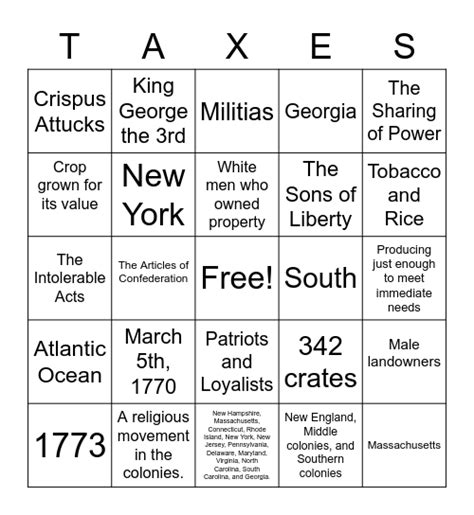 13 Colonies Bingo Card