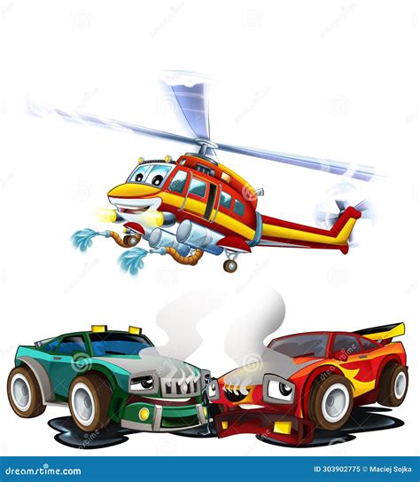 Cartoon Scene with Two Sports Cars Crashing in Accident with Flying ...