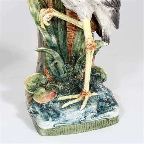 Pair Of Rare Large Majolica Bird Stork Heron Or Crane Vases At