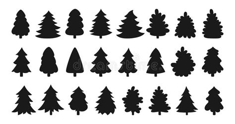 Christmas Tree Black Silhouette Set New Year Symbol Traditional Xmas Stock Vector Illustration