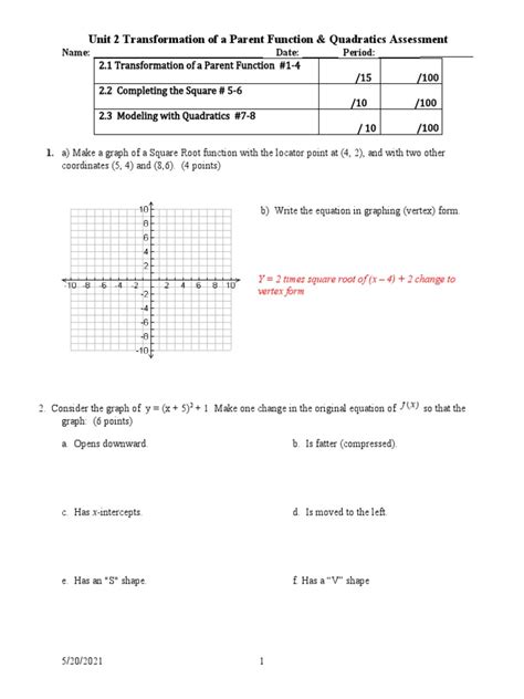 Algebra 2 Unit 2 Pre Test Review Worksheet Pdf Quadratic Equation Discrete Mathematics