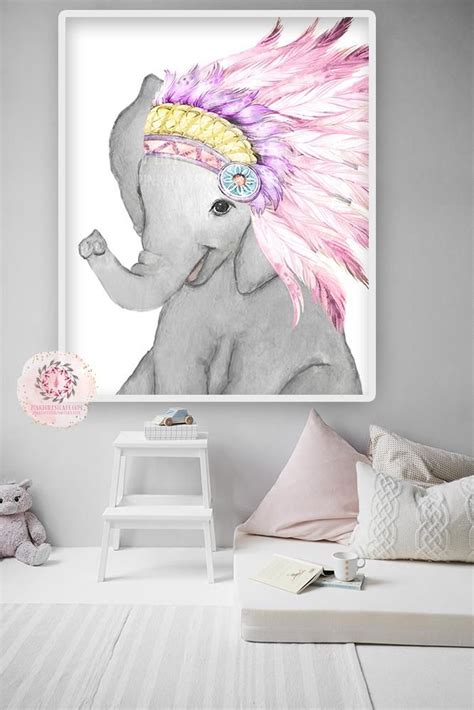 Headdress Feather Tribal Elephant Wall Art Print Baby Girl Nursery Pink