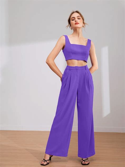 Shein Solid Tank Top Fold Pleated Detail Wide Leg Pants Set Solid