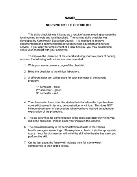 Nursing Skills Checklist Forms Printable