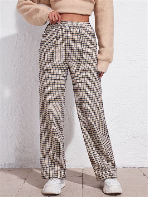 Elastic Waist Plaid Wide Leg Pants