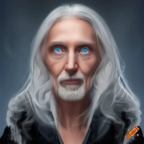 Portrait Of A Mature Magician With Blue Eyes And Long Gray Blond Hair