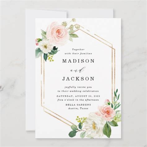 Elegant Blush Floral Gold Frame Wedding Invitation Zazzle