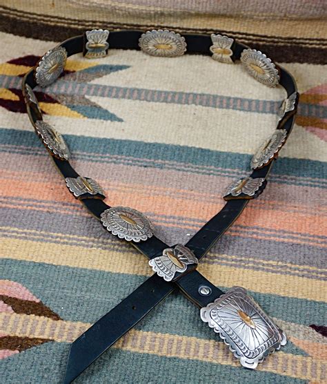 Item P Vintage Navajo Silver And Gold Sunburst Stamped Concho Belt