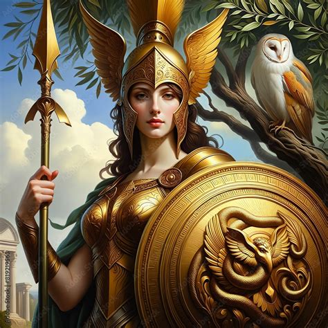 Athena, the Greek goddess of wisdom and war, in a golden helmet and