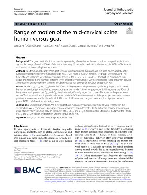 Pdf Range Of Motion Of The Mid Cervical Spine Human Versus Goat