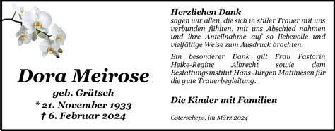 Traueranzeigen Von Dora Meirose Nordwest Trauer De