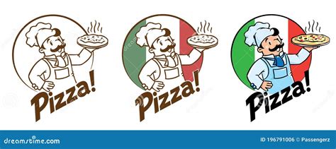 Embleem Van Een Grappige Kok Of Bakker Met Pizza En Logo Stock