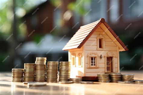 Premium Photo Wood House With Stacks Of Coins And A Rising Curve