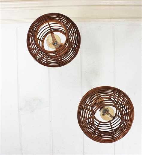 Pair Of Rattan Globe Pendants Or Hanging Lights 1950s For Sale At