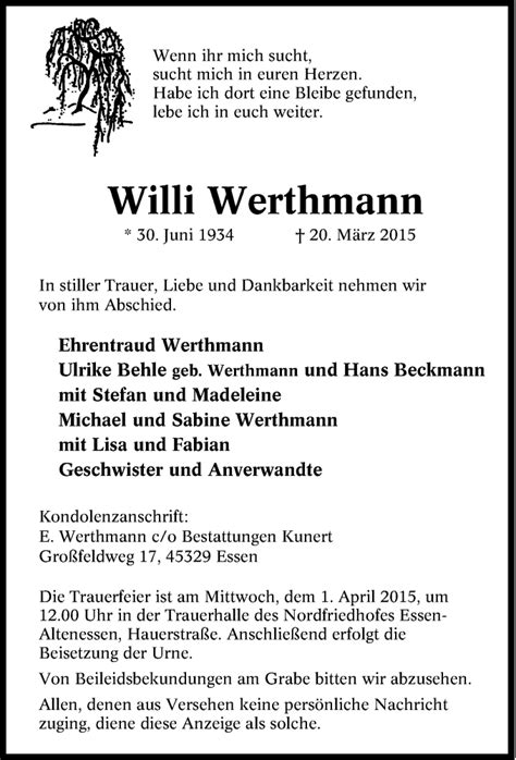 Traueranzeigen Von Willi Werthmann Trauer In Nrw De