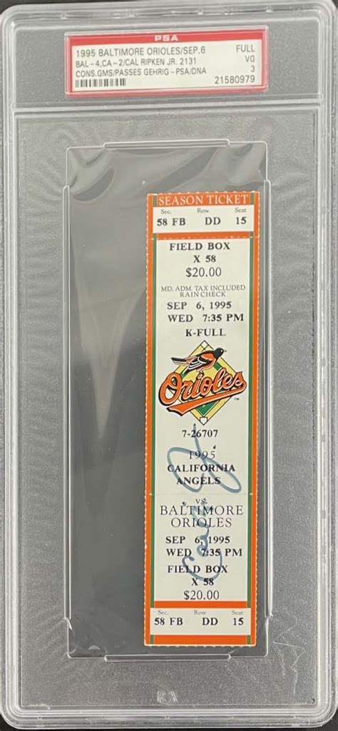 Lot Detail Cal Ripken Jr Signed 1995 Orioles Full Ticket 2131 Cons