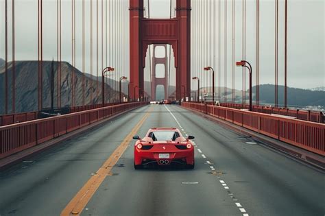 Premium Photo A Red Sports Car Speeds Across A Modern Bridge