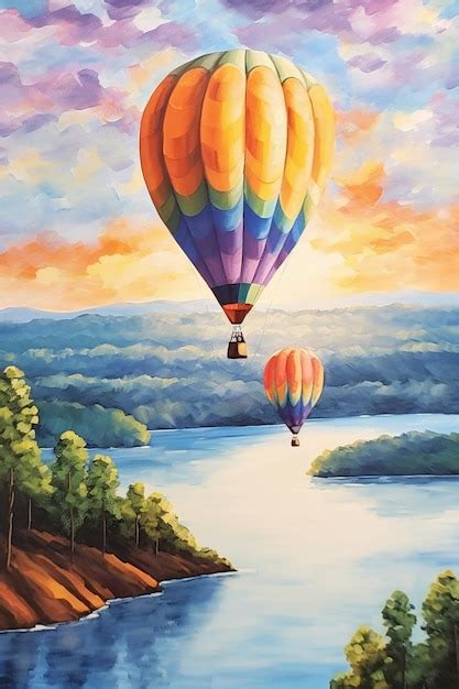 Premium AI Image Painting Of Two Hot Air Balloons Flying Over A Lake At Sunset Generative Ai